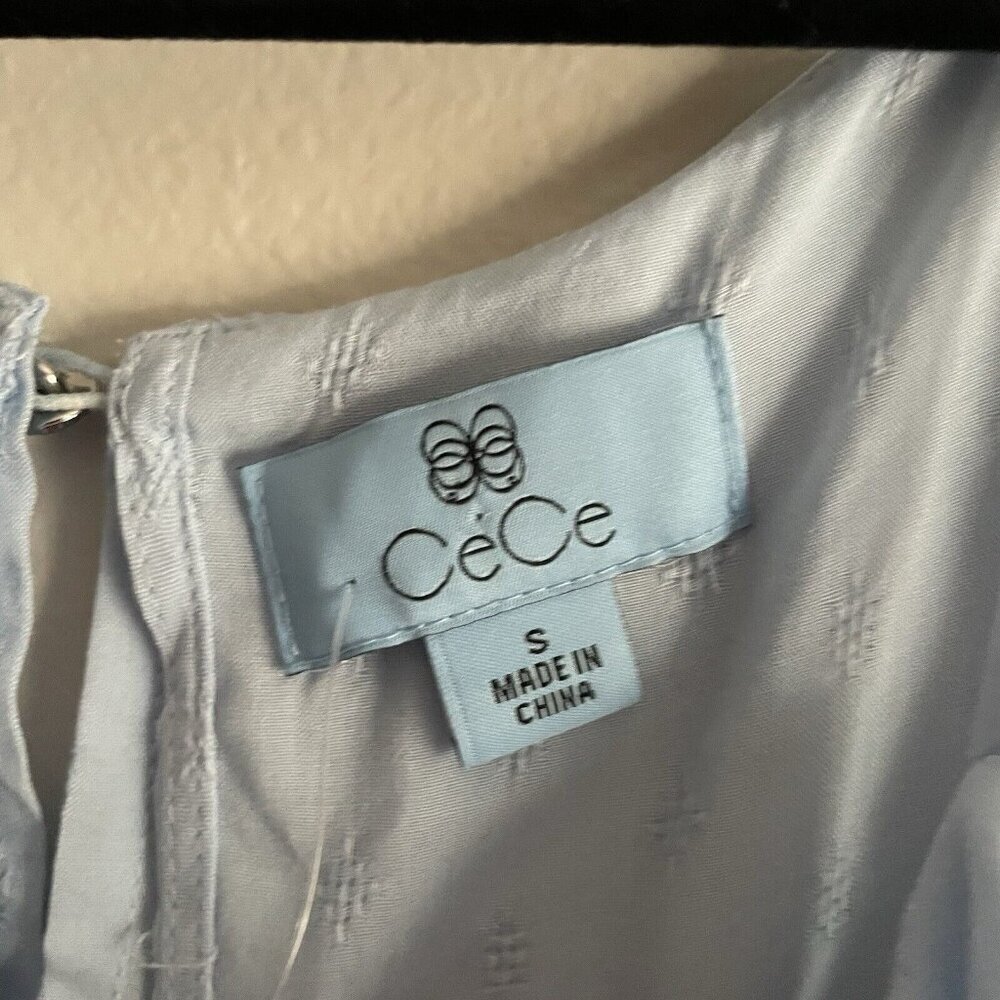 CeCe Women Sz S Blue Cold Shoulder 3/4 Sleeve Ruffled Neckline Blouse NWT - Picture 7 of 10
